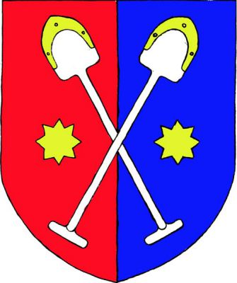 V červeno-modře polceném štítě zkřížené vztyčené stříbrné rýče se zlatým kováním, provázené dvěma zlatými osmihrotými hvězdami. Znak Dobříkov