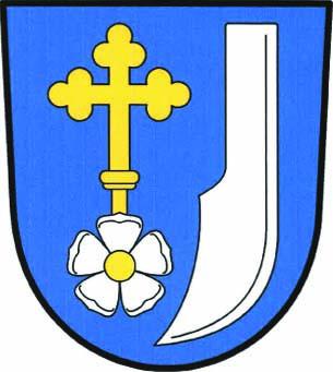 V modrém štítě vpravo vyniká ze stříbrné růže se zlatým semeníkem zlatý jetelovitě zakončený procesní kříž, vlevo stříbrné krojidlo. Znak Dobrkovice