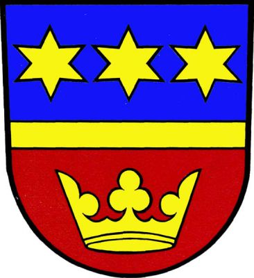 Modro-červený štít dělený zúženým břevnem, provázeným nahoře třemi hvězdami, dole korunou, vše zlaté. Znak Dobroslavice