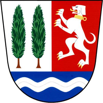 Ve stříbrno - červeně polceném štítě nad modrou patou se stříbrným vlnitým břevnem vpravo dva topoly přirozené barvy, vlevo stříbrný pes ve skoku se zlatou zbrojí a obojkem s kroužkem. Znak Dobšice