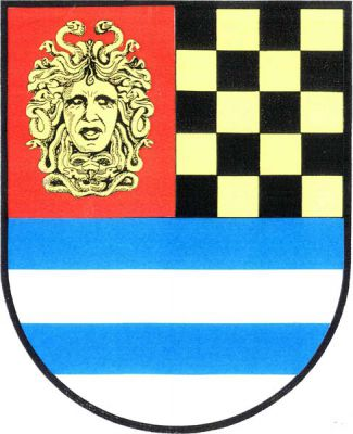 Dělený štít nahoře polcený, vpravo v červeném poli zlatá hlava Medúzy, levé pole černo-zlatě šachováno, dolní pole třikrát modro-stříbrně děleno. Znak Dohalice
