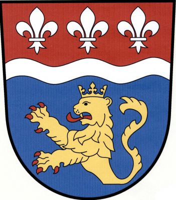 Červeno-modře zvýšeným stříbrným vlnitým břevnem dělený štít. Nahoře tři stříbrné lilie, dole polovina korunovaného zlatého lva s červenou zbrojí a jazykem. Znak Dolní Beřkovice