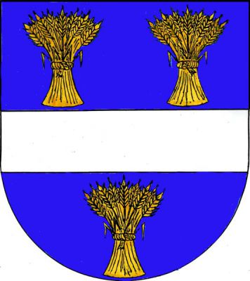 V modrém štítě stříbrné břevno provázené nahoře dvěma a dole jedním postaveným zlatým obilným snopem. Znak Dolní Branná