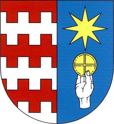V červeno-modře polceném štítě vpravo nad cimbuřovou patou dvě oboustranná cimbuřová břevna, vše stříbrné, vlevo pod zlatou osmihrotou hvězdou vztyčená stříbrná pravá ruka držící zlatou hostii. Znak Dolní Chvatliny