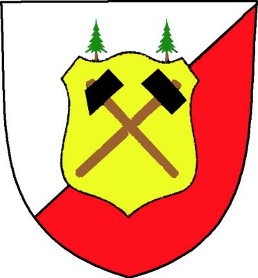 Ve stříbrno-červeně šikmo děleném štítě zlatý střední štítek, v něm černá zkřížená hornická kladívka na hnědých topůrkách. Na horním okraji štítku dva jehličnaté stromy přirozené barvy. Znak Dolní Dvůr