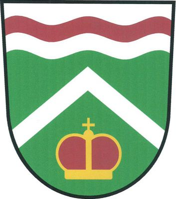 V zeleném štítě pod stříbrnou vlnitou hlavou s červeným vlnitým břevnem snížená stříbrná krokev nad knížecí korunou. Znak Dolní Kalná