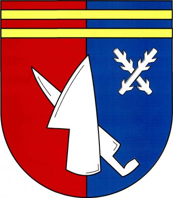 V červeno - modře polceném štítě pod dvěma zlatými zúženými břevny vztyčená radlice kosmo podložená vztyčenou a doleva obrácenou kosou bez kosiště, vlevo nahoře provázená zkříženými ostrvemi, vše stříbrné. Znak Dolní Lažany