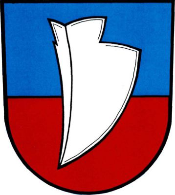 V modro-červeně děleném štítě stříbrná radlice. Znak Dolní Lhota