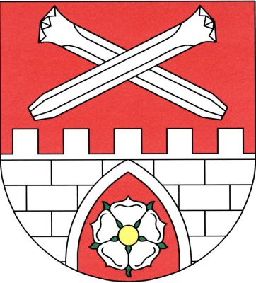 V červeném štítě nad kvádrovanou hradbou s prázdnu gotickou branou dva zkřížené hvězdicové vrtáky, vše stříbrné. V bráně stříbrná růže se zlatým semeníkem a zelenými kališními lístky. Znak Dolní Město
