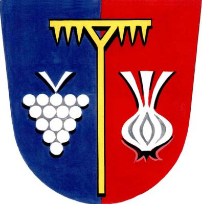 V modro-červeně polceném štítě zlaté hrábě, provázené vpravo vinným hroznem, vlevo palicí česneku, obojí stříbrné. Znak Dolní Němčí