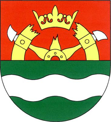 V červeno-zeleně děleném štítě nahoře vyrůstající zlaté kolo sv. Kateřiny se stříbrnými noži, převýšené ve vylomení zlatou korunou, dole stříbrné vlnité břevno. Znak Dolní Podluží