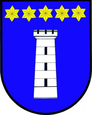 V modrém štítě stříbrná kvádrovaná věž s cimbuřím a třemi černými střílnami pod sebou, převýšená pěti zlatými hvězdami v hlavě štítu. Znak Dolní Přím