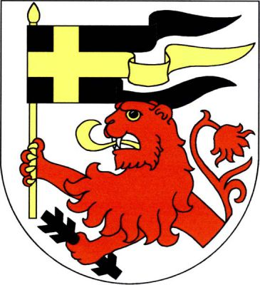 Ve stříbrném štítě polovina červeného lva se zlatou zbrojí držícího v pravé tlapě na zlaté žerdi třícípý černý praporec se zlatým heroldským křížem a v levé tlapě černou ostrev. Znak Dolní Ředice