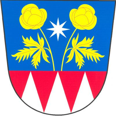V modro-červeně sníženě děleném štítě nahoře dva vyrůstající odkloněné zlaté upolíny evropské každý s květem a odvráceným listem, mezi nimi stříbrná osmihrotá hvězda, dole tři stříbrné kužely. Znak Dolní Těšice