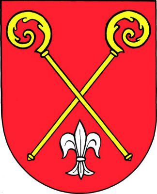 V červeném štítě dvě zlaté zkřížené odvrácené berly. Pod nimi stříbrná lilie. Znak Dolní Újezd