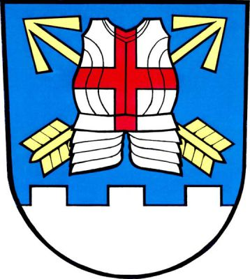 V modrém štítě nad sníženou stříbrnou hradbou o třech stínkách stříbrný pancíř se stehenními pláty, zdobený červeným heroldským křížem a podložený dvěma zkříženými zlatými šípy. Znak Dolní Životice
