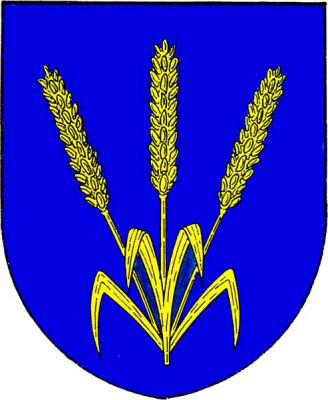 V modrém štítě tři obilné spojené klasy se čtyřmi listy. Znak Domašov