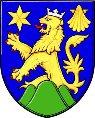 V modrém štítě ze zeleného trojvrší vyrůstající zlatý, stříbrně korunovaný lev s červenou zbrojí, provázený nahoře vpravo hvězdou, vlevo svatojakubskou mušlí, obojí zlaté. Znak Domaželice