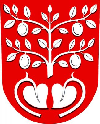 V červeném štítě švestková větev se čtyřmi ratolestmi, každá s jedním plodem, pod ním dvě uťatá lekna, vše stříbrné. Znak Doubravy