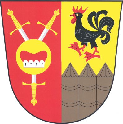 V červeno-zlatě polceném štítě vpravo knížecí čepice s hermelínovým lemem ve zlatém kotouči, do něhož jsou vetknuty tři (2, 1) stříbrné meče se zlatými jílci, vlevo nad dřevěnou palisádou přirozené barvy černý kohout s červenou zbrojí. Znak Drahobudice
