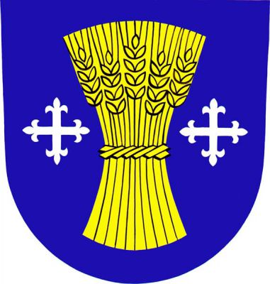 V modrém štítě zlatý snop mezi dvěma stříbrnými liliovými kříži. Znak Drásov