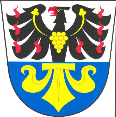 Ve stříbrno-modře děleném štítě nahoře vyrůstající černá plamenná orlice s červenou zbrojí, zlatým perizoniem a zlatým vinným hroznem na hrudi, dole spodní polovina zlaté lilie. Znak Dřetovice