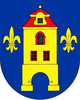 V modrém štítě zlatá dvoupatrová věž s prázdnou branou, třemi okny (1,2), horním obloukovým, s červenou mansardovou střechou se zlatým arkýřem, zakončenou zlatou makovicí, provázená dvěma zlatými liliemi. Znak Drhovle