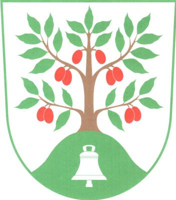 Ve stříbrném štítě na zeleném vrchu se stříbrným zvonem dřín přirozené barvy. Znak Dřínov