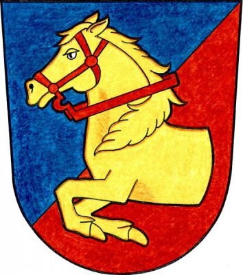 V modro-červeně šikmo děleném štítě polovina zlatého koně ve skoku s červeným uzděním. Znak Dříteň