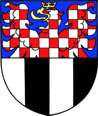 Dělený štít, v horním modrém poli vyrůstá moravská orlice, dolní pole třikrát stříbrno-černě polceno. Znak Drnholec