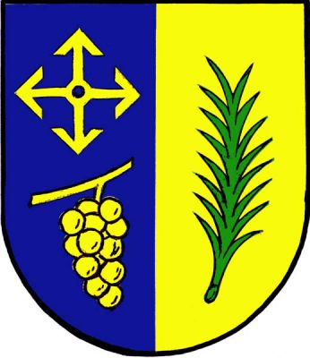 Modro-zlatě polcený štít, vpravo zlatá rozletitá střela nad zlatým vinným hroznem, vlevo zelená palmová ratolest. Znak Drnovice