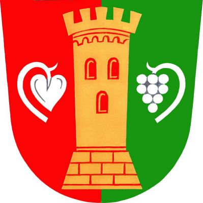 V červeno-zeleně polceném štítě zlatá okrouhlá věž s cimbuřím a třemi (2,1) červenými okny na rozšířeném kvádrovém soklu, provázená přivrácenými vpravo leknem a vlevo vinným hroznem na stonku, obojí stříbrné a přivrácené. Znak Drslavice