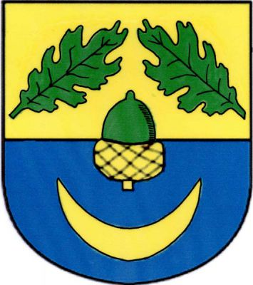 Ve zlato-modře děleném štítě vztyčený zelený žalud se zlatou číškou, provázený nahoře dvěma vztyčenými přivrácenými zelenými dubovými listy, dole stoupajícím zlatým půlměsícem. Znak Dubčany