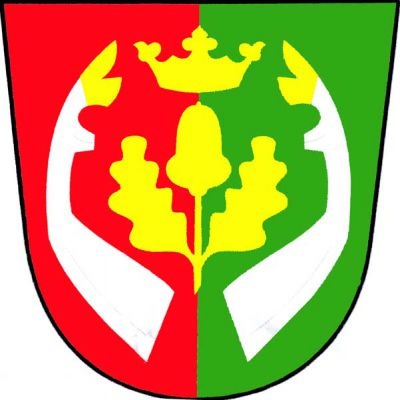 V červeno-zeleně polceném štítě mezi dvěma vztyčenýma stříbrnýma přivrácenýma býčíma nohama se zlatými paznehty žlutý vztyčený dubový dvoulist se žaludem převýšený korunou, vše zlaté. Znak Dubenec