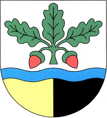 Zúženým vlnitým modrým břevnem sníženě dělený štít, v horním stříbrném poli zelený dubový trojlist se dvěma svěšenými červenými žaludy do stran, dolní pole zlato - černě polcené. Znak Dubnice