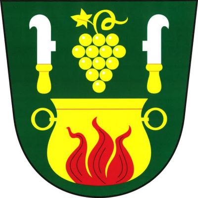 V zeleném štítě zlatý kotel s červenými plameny, nad ním zlatý vinný hrozen s listem provázený odvrácenými stříbrnými vinařskými noži se zlatými rukojeťmi. Znak Dyjákovičky