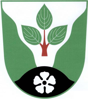 V zeleném štítě stříbrný vlnitý klín, v něm vztyčená červená svídová větev se třemi zelenými listy (1, 2) , dole černé návrší se stříbrnou růží s černým semeníkem. Znak Dymokury
