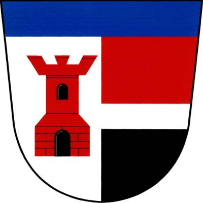 Polcený štít s modrou hlavou, v pravém stříbrném poli červená věž s cimbuřím s černým oknem a branou, levé pole stříbrným břevnem červeno-černě dělené. Znak Ejpovice