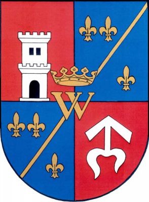 Červeno-modře čtvrcený štít, v prvním poli stříbrná jednopatrová hradební věž s prolomenou branou, dvěma okny a cimbuřím, ve druhém a třetím poli šikmé zúžené břevno provázené nahoře dvěma, dole jednou lilií, vše zlaté, ve čtvrtém poli stříbrná zavinutá střela. Do středu štítu položeno dvojité majuskulní W pod korunou s pěti viditelnými listy, vše zlaté. Znak Fulnek