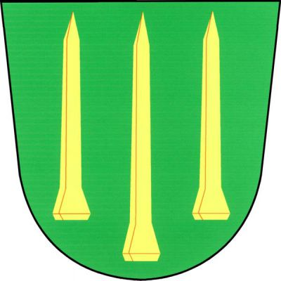V zeleném štítě tři zlaté vztyčené hřeby - podkováky, prostřední dolů delší. Znak Hačky