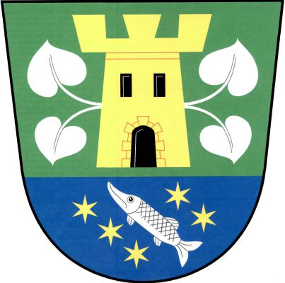 V zeleno - modře sníženě děleném štítě nahoře zlatá věž s cimbuřím se třemi stínkami, s bosovanou branou a se dvěma okny, vše černé, z ní do stran vyrůstají dvojice stříbrných odkloněných lipových listů na prohnutých stoncích, dole kosmá stříbrná štika provázená pěti (2, 3) kosmo postavenými zlatými hvězdami. Znak Hájek