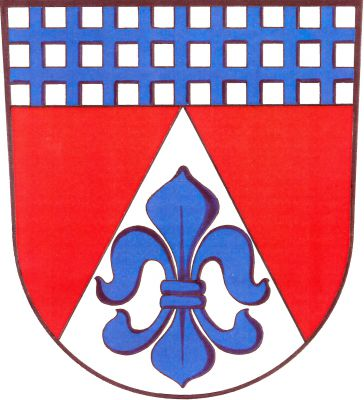 V červeném štítě pod stříbrnou hlavou s modrou mříží stříbrný hrot s modrou lilií. Znak Haňovice