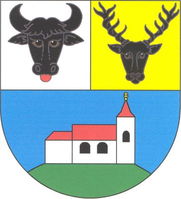 Štít dělený, nahoře stříbrno-zlatě polcený, vpravo býčí hlava s červeným jazykem, vlevo jelení hlava, obojí černé a čelně hledící. Dole v modrém poli na zeleném návrší stříbrný kostel vlevo s věží, která má červenou stanovou střechu s makovicí a patriarším křížem, obojí zlaté, a okno. Loď se dvěma okny a sníženým kněžištěm má sedlovou červenou střechu. Okna jsou černá a oblouková. Znak Havraň