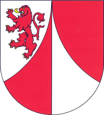 Ve stříbrno-červeně polceném štítě polcený vydutý hrot opačných barev, provázený vpravo červeným lvem se zlatou zbrojí. Znak Hazlov