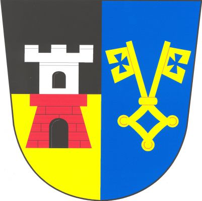 Polcený štít, v pravém černo-zlatě děleném poli stříbrno-červeně dělená věž, dole kvádrovaná, s cimbuřím, s branou a obloukovým oknem, obojí černé. V levém modrém poli zlatý gotický dvojklíč. Znak Herálec
