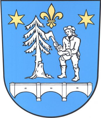 V modrém štítě nad volným mostem se třemi oblouky vpravo jedle se zásekem v kmeni a vlevo dřevorubec držící kosmo sekeru-širočinu, vše stříbrné. Nahoře uprostřed lilie provázená dvěma hvězdami, vše zlaté. Znak Herálec