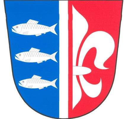 V modro - červeně zúženým stříbrným kůlem polceném štítě vpravo tři stříbrní slanečci - herinci nad sebou, vlevo volná půle stříbrné lilie. Znak Herink