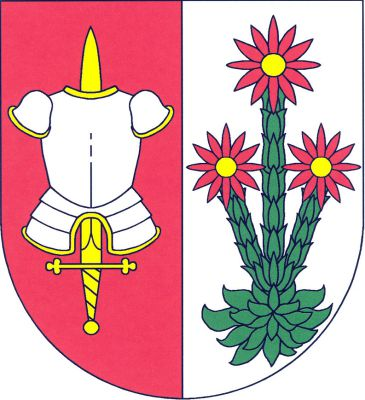 V červeno-stříbrně polceném štítě vpravo stříbrná, zlatě zdobená plátová zbroj podložená vztyčeným zlatým mečem, vlevo tři červené květy netřesku se zlatými středy na lodyhách rostoucích z růžice, obojí zelené. Znak Heřmanice