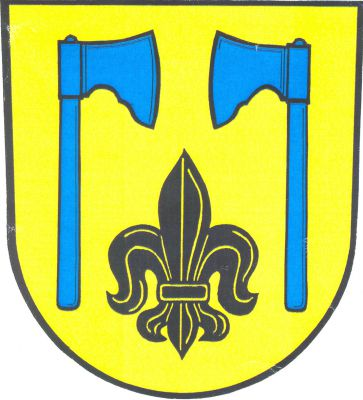 Ve zlatém štítě černá linie mezi dvěma modrými přivrácenými sekerami. Znak Heřmanice u Oder