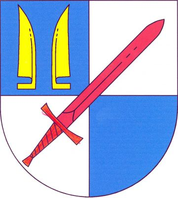 V modro-stříbrně čtvrceném štítě šikmo vztyčený červený meč. V 1. poli dvě vztyčené odvrácené zlaté kosy bez kosišť. Znak Heřmaničky